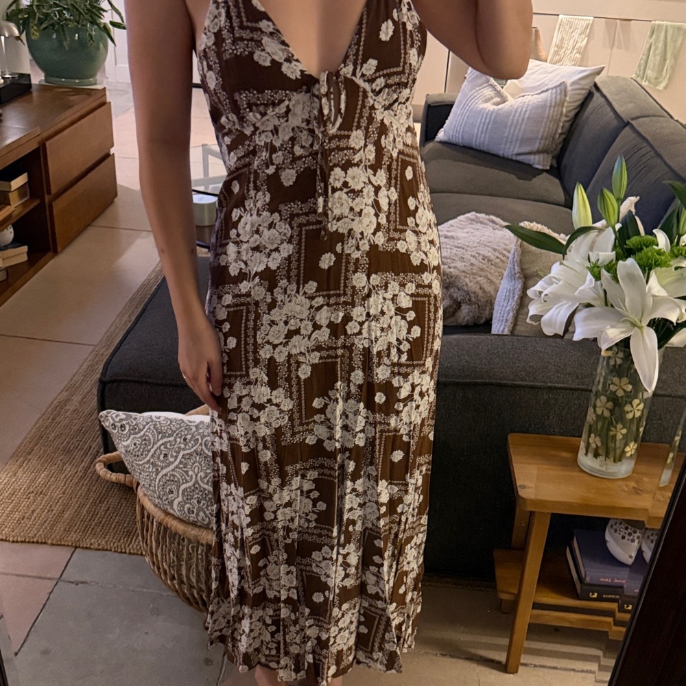Brown Floral Tie-Front Midi Dress